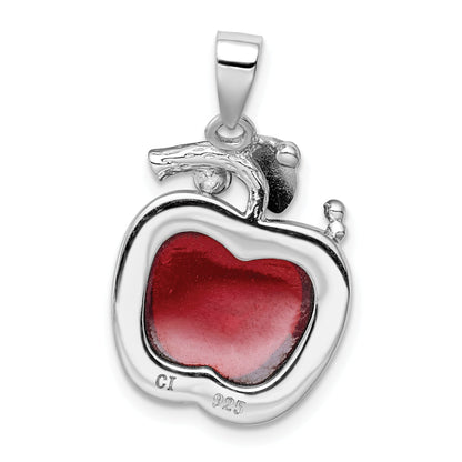 Sterling Silver Rhodium-Plated Red Cz Cabochon Apple Pendant