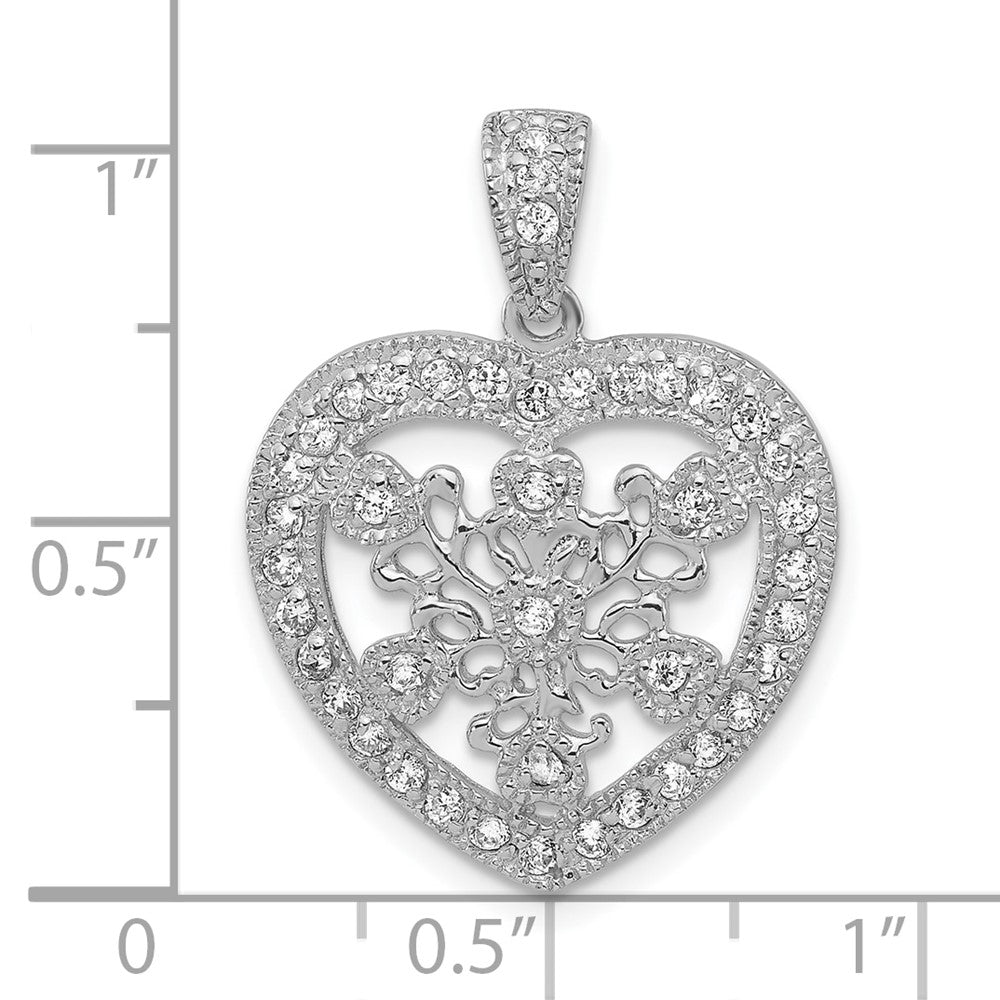 Sterling Silver Polished & Textured Cz Fancy Heart Pendant