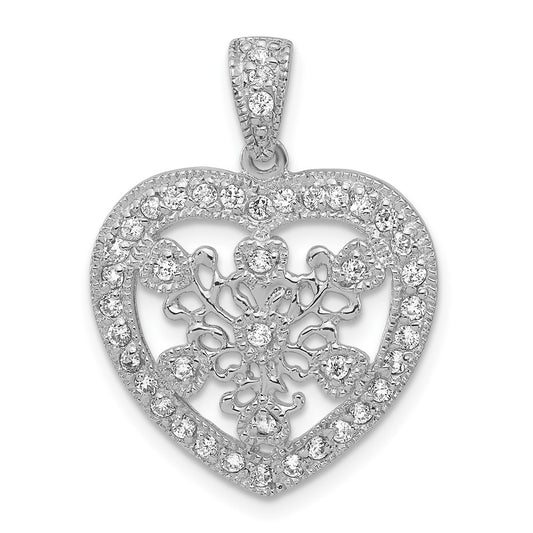 Sterling Silver Polished & Textured Cz Fancy Heart Pendant
