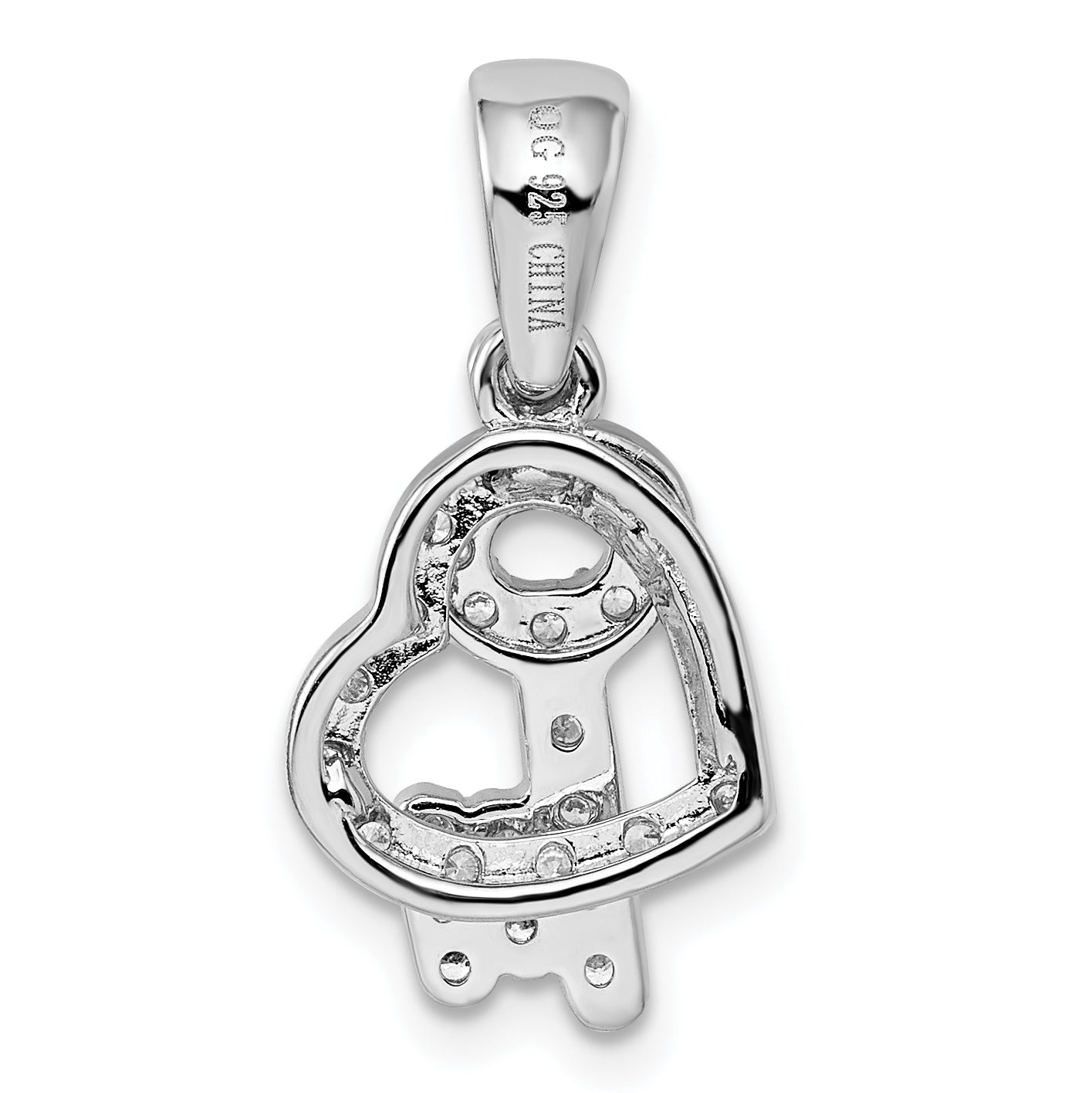 Sterling Silver Rhodium-Plated Cz Heart & Key Fancy Pendant