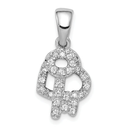 Sterling Silver Rhodium-Plated Cz Heart & Key Fancy Pendant