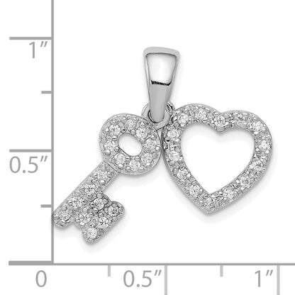 Sterling Silver Rhodium-Plated Cz Heart & Key Fancy Pendant