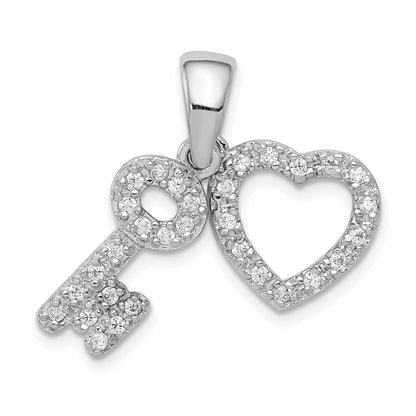 Sterling Silver Rhodium-Plated Cz Heart & Key Fancy Pendant