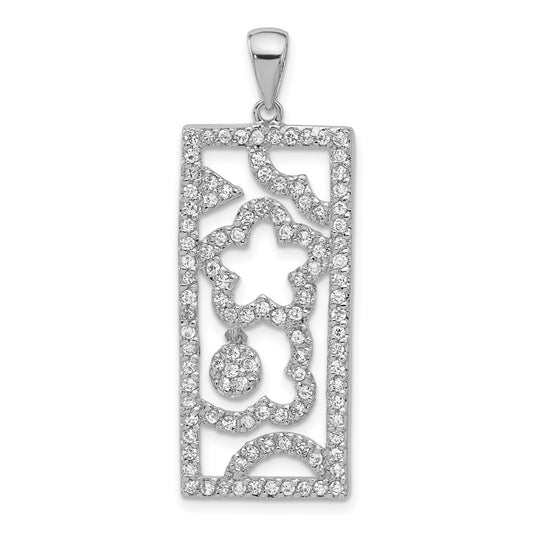 Sterling Silver Polished Cz Floral Rectangle Pendant