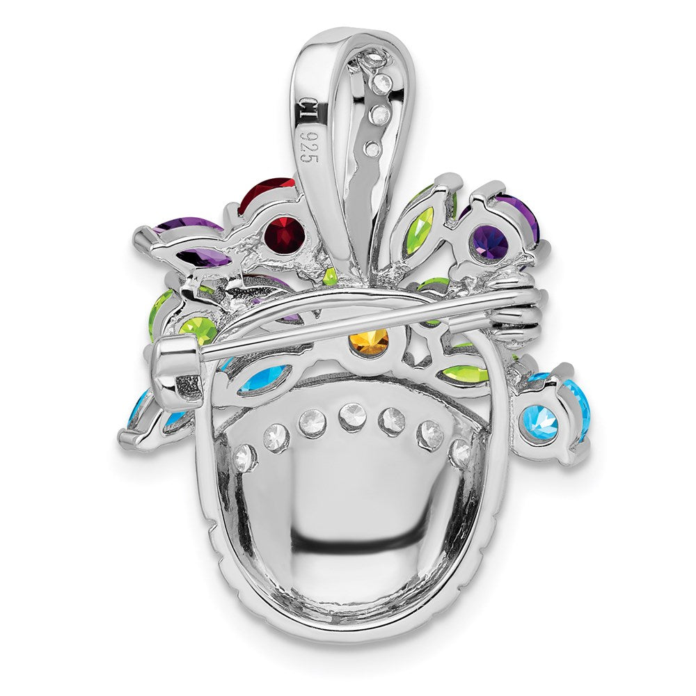 Sterling Silver Rh Plated Multi-Color Cz Basket Pendant And Pin