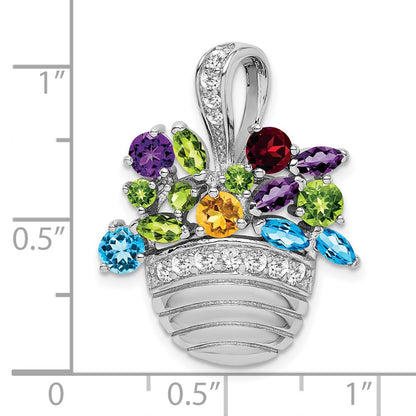 Sterling Silver Rh Plated Multi-Color Cz Basket Pendant And Pin