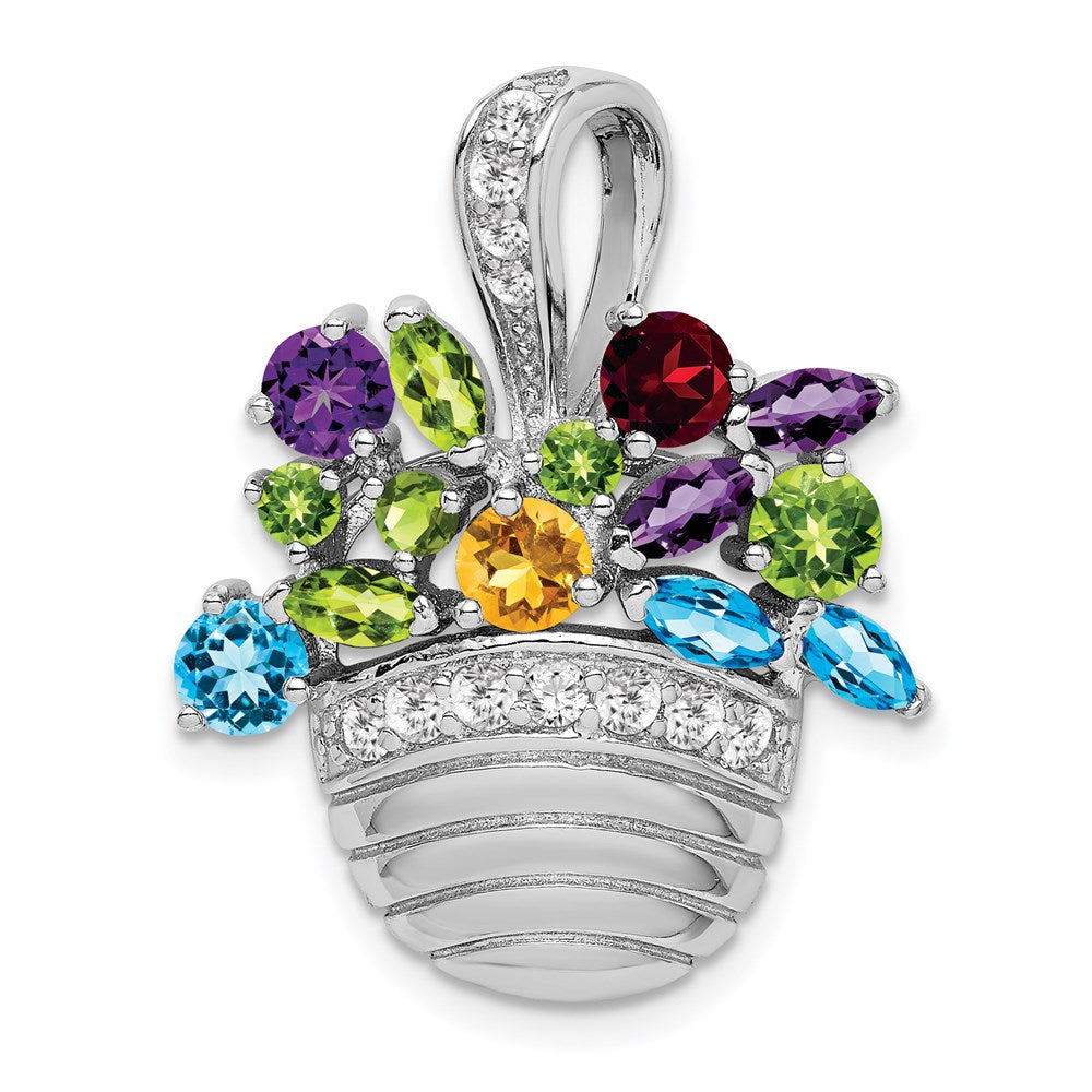 Sterling Silver Rh Plated Multi-Color Cz Basket Pendant And Pin