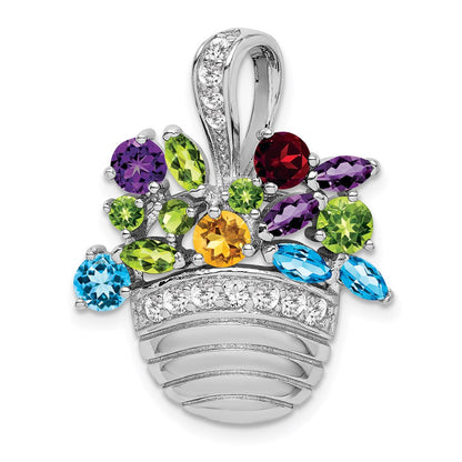 Sterling Silver Rh Plated Multi-Color Cz Basket Pendant And Pin