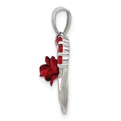 Sterling Silver Vermeil Red Flower And Cz Mom Pendant