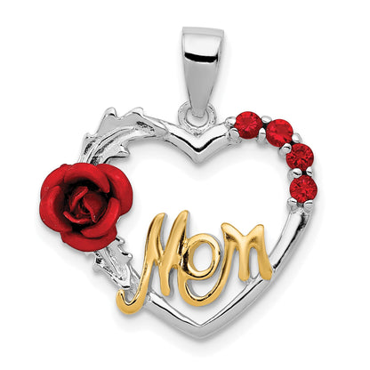 Sterling Silver Vermeil Red Flower And Cz Mom Pendant