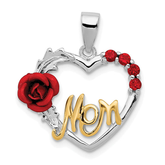 Sterling Silver Vermeil Red Flower And Cz Mom Pendant