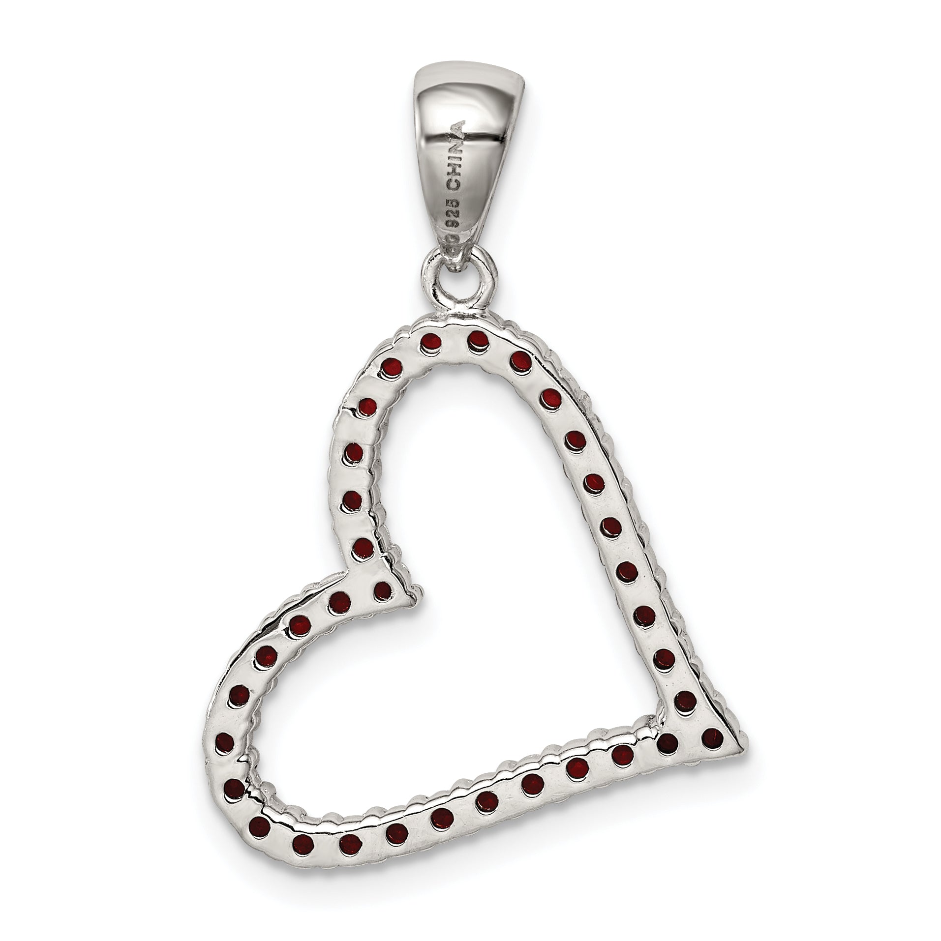 Sterling Silver Rhodium Plated Red Cz Heart Pendant