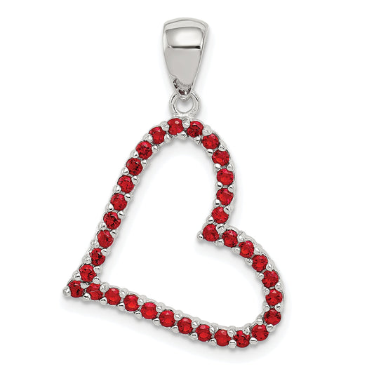 Sterling Silver Rhodium Plated Red Cz Heart Pendant