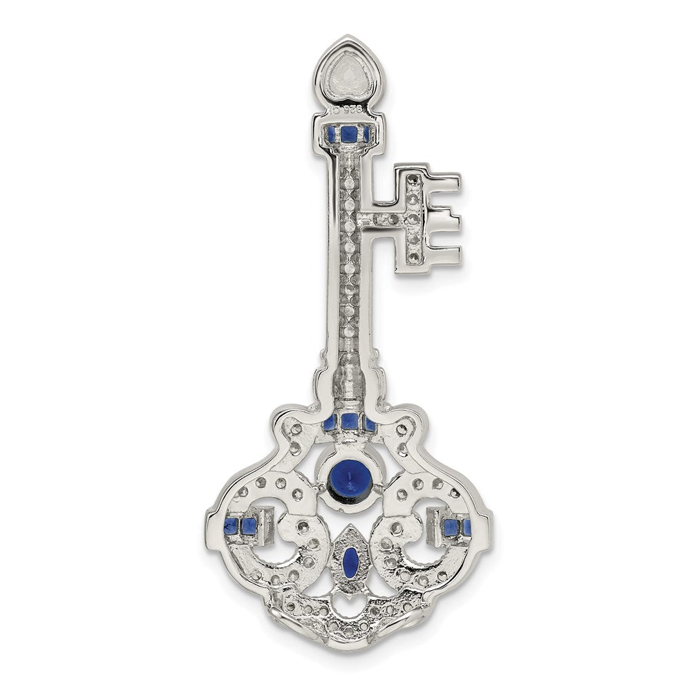 Sterling Silver Rhodium-Plated Blue And Clear Cz Key Slide
