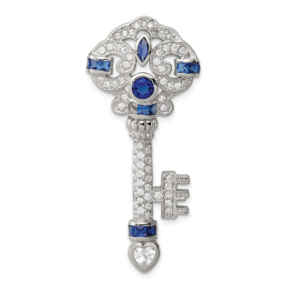 Sterling Silver Rhodium-Plated Blue And Clear Cz Key Slide