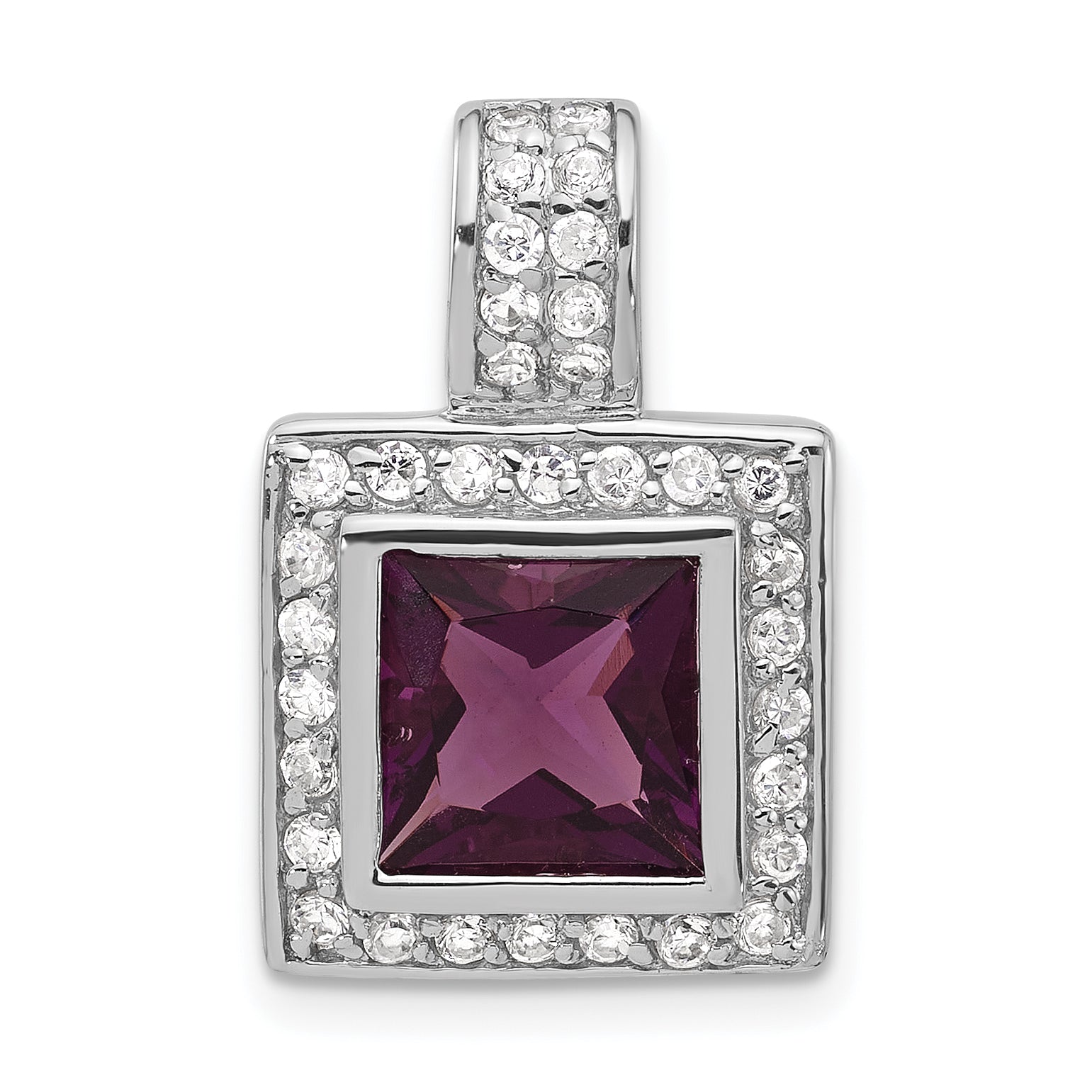 Sterling Silver Polished Dark Purple & White Cz Square Pendant