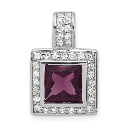 Sterling Silver Polished Dark Purple & White Cz Square Pendant