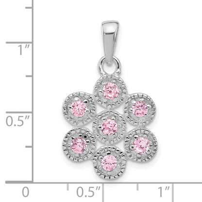 Sterling Silver Polished And Beaded Pink Cz Flower Pendant