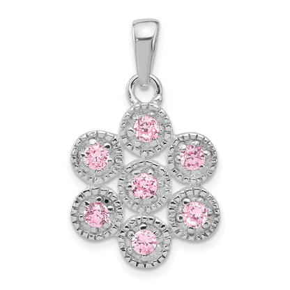 Sterling Silver Polished And Beaded Pink Cz Flower Pendant