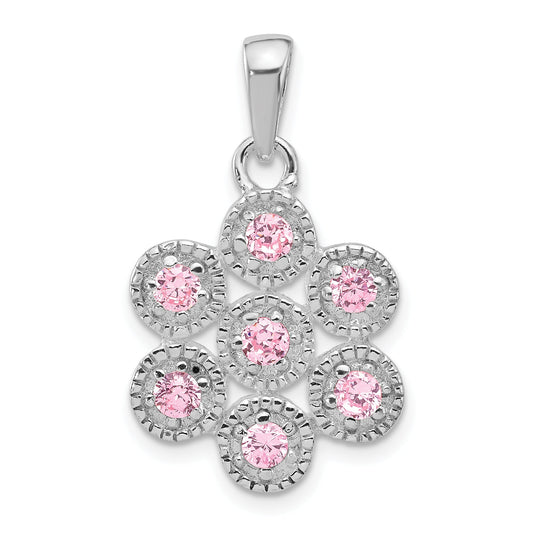 Sterling Silver Polished And Beaded Pink Cz Flower Pendant