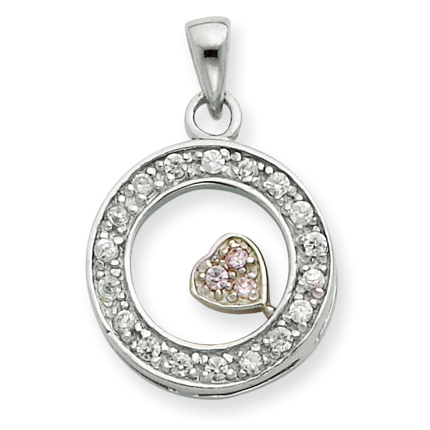 Sterling Silver Cz Circle With Pink Heart Pendant