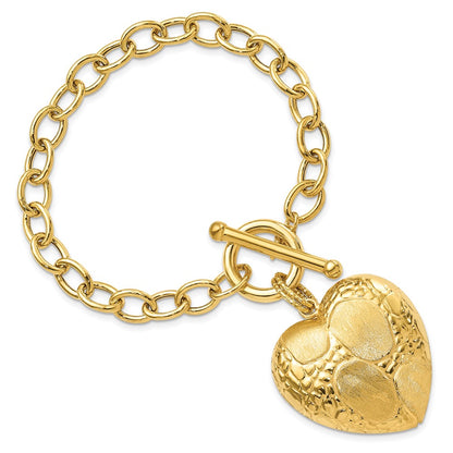 7.75 Inch Sterling Silver Gold-Plated Polished & Brushed Heart Toggle Bracelet