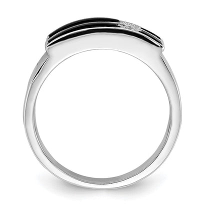 Sterling Silver Polished Black Enamel & Cz Cross Ring