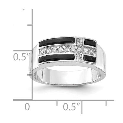 Sterling Silver Polished Black Enamel & Cz Cross Ring