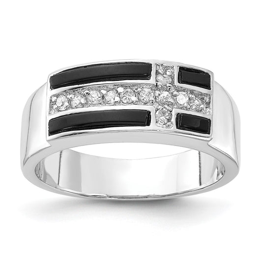 Sterling Silver Polished Black Enamel & Cz Cross Ring