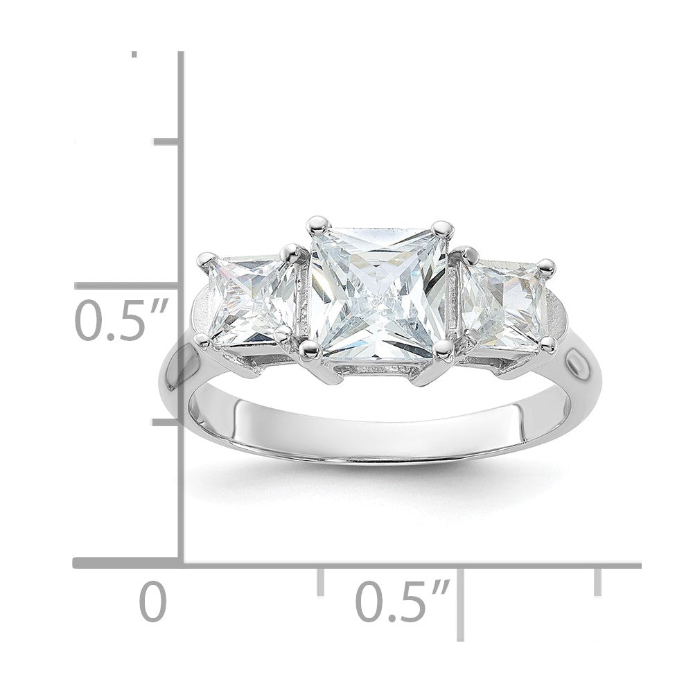 Sterling Silver Rhodium Plated Three Stone Cz Ring
