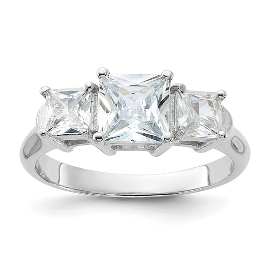 Sterling Silver Rhodium Plated Three Stone Cz Ring