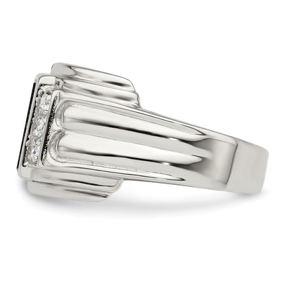 Sterling Silver Rhodium Plated Cz And Onyx Ring