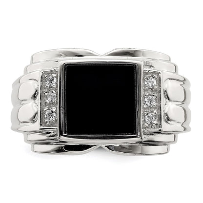 Sterling Silver Rhodium Plated Cz And Onyx Ring