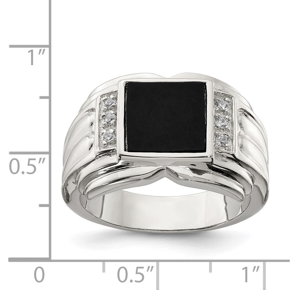 Sterling Silver Rhodium Plated Cz And Onyx Ring