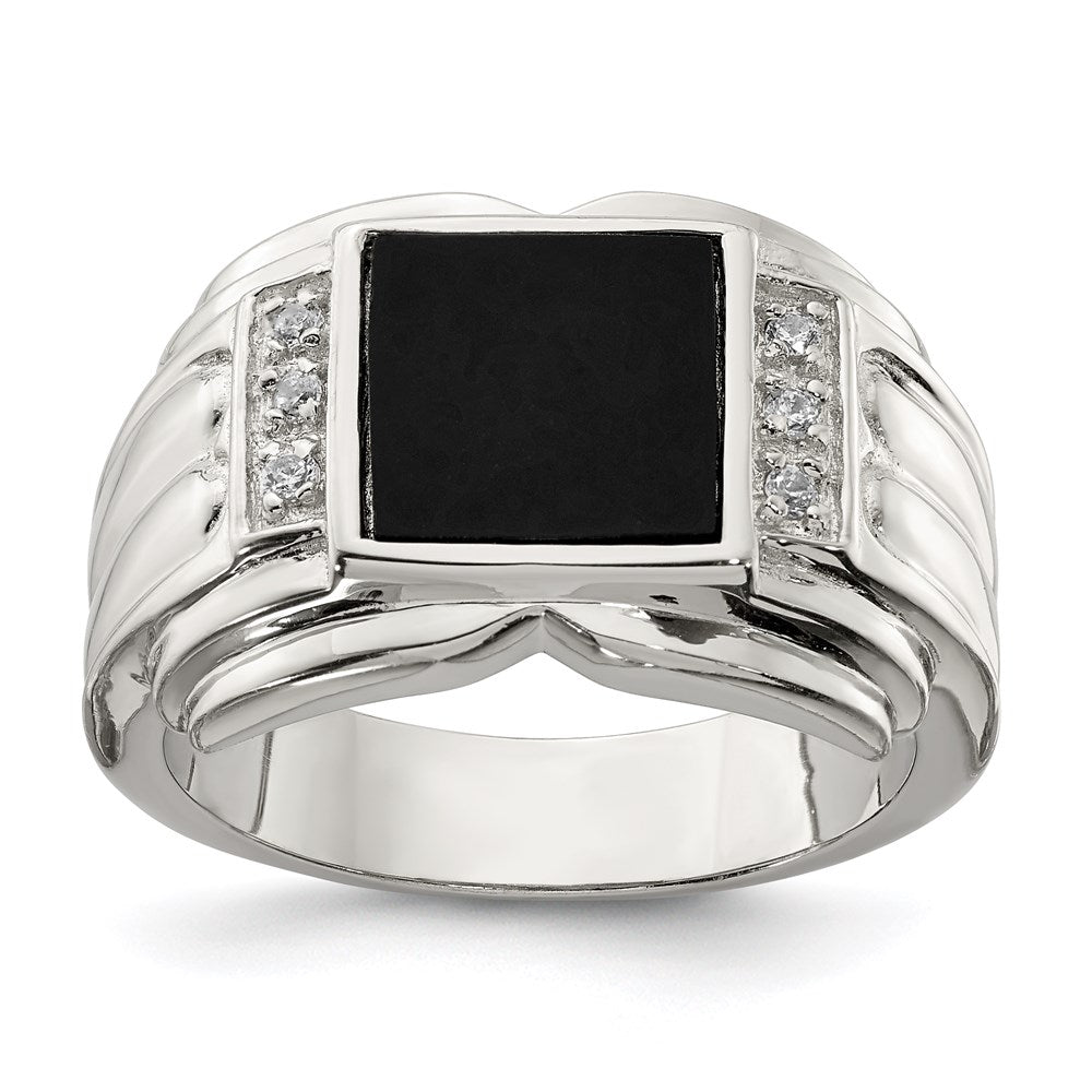 Sterling Silver Rhodium Plated Cz And Onyx Ring