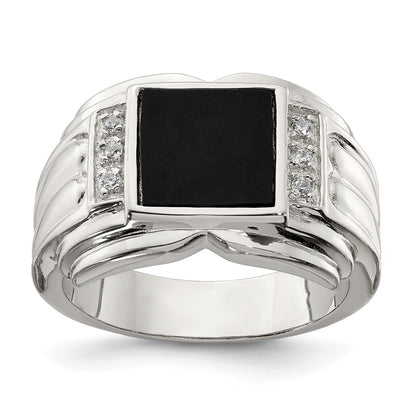 Sterling Silver Rhodium Plated Cz And Onyx Ring