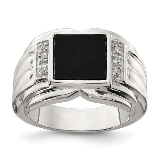 Sterling Silver Rhodium Plated Cz And Onyx Ring