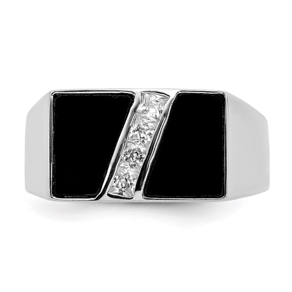 Sterling Silver Rhodium Plated Men'S Cz And Onyx Ring