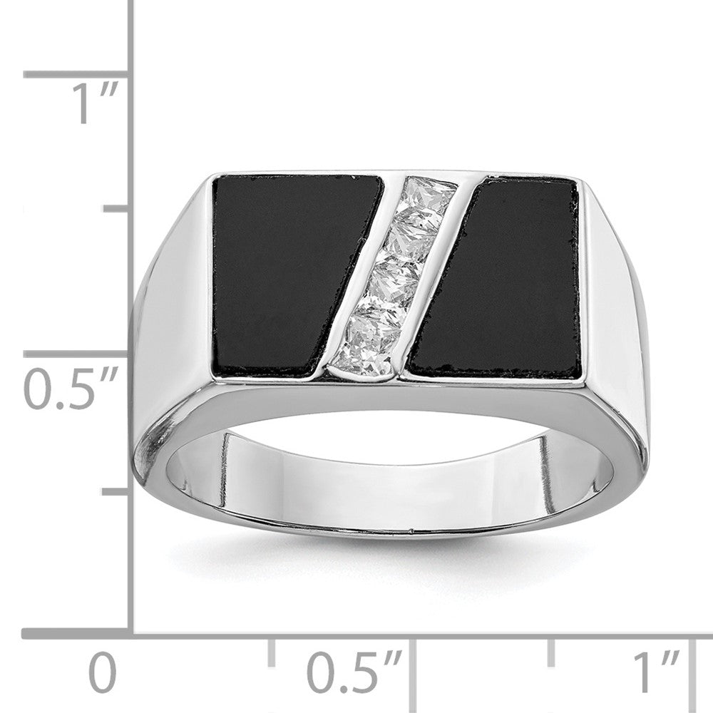 Sterling Silver Rhodium Plated Men'S Cz And Onyx Ring