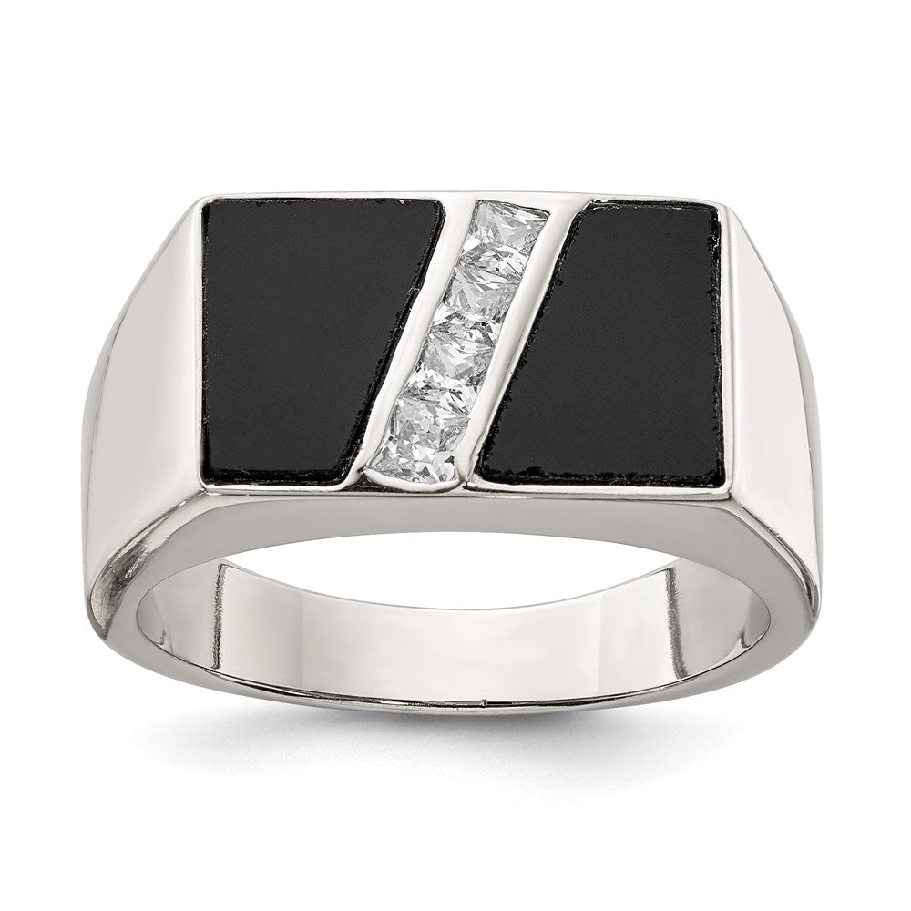 Sterling Silver Rhodium Plated Men'S Cz And Onyx Ring