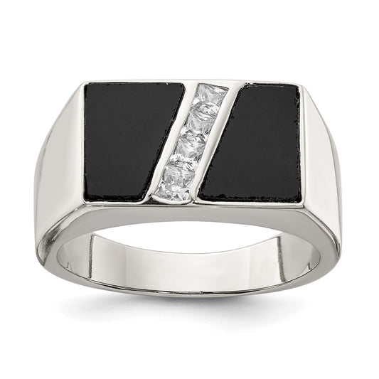 Sterling Silver Rhodium Plated Men'S Cz And Onyx Ring