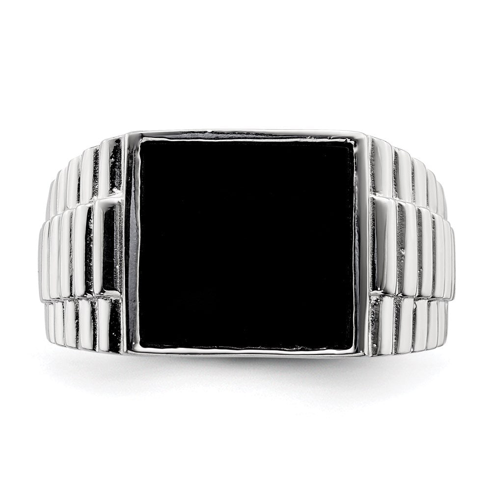 Sterling Silver Rhodium Plated Men'S Onyx Ring