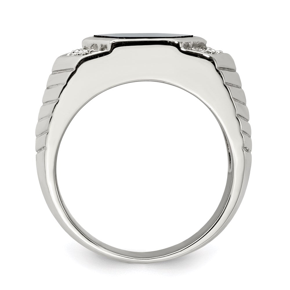 Sterling Silver Rhodium Plated Men'S Cz And Onyx Ring