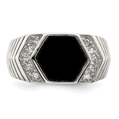 Sterling Silver Rhodium Plated Men'S Cz And Onyx Ring