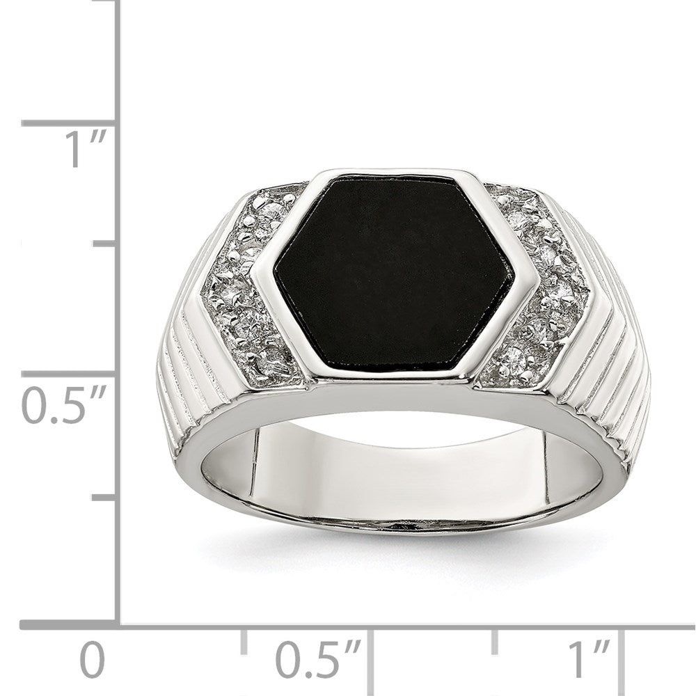 Sterling Silver Rhodium Plated Men'S Cz And Onyx Ring