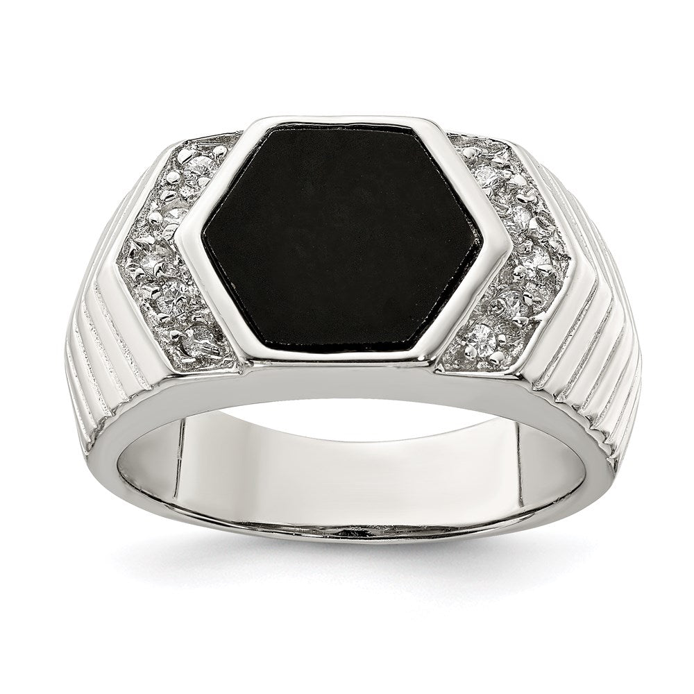 Sterling Silver Rhodium Plated Men'S Cz And Onyx Ring