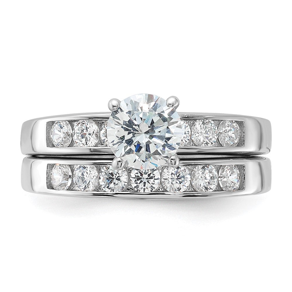 Sterling Silver Rhodium Plated Cz Engagement Ring And Wedding Band Two Piece Set