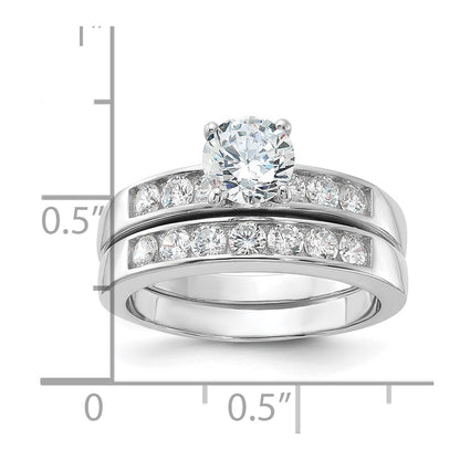 Sterling Silver Rhodium Plated Cz Engagement Ring And Wedding Band Two Piece Set