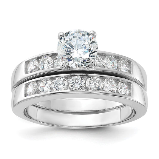 Sterling Silver Rhodium Plated Cz Engagement Ring And Wedding Band Two Piece Set