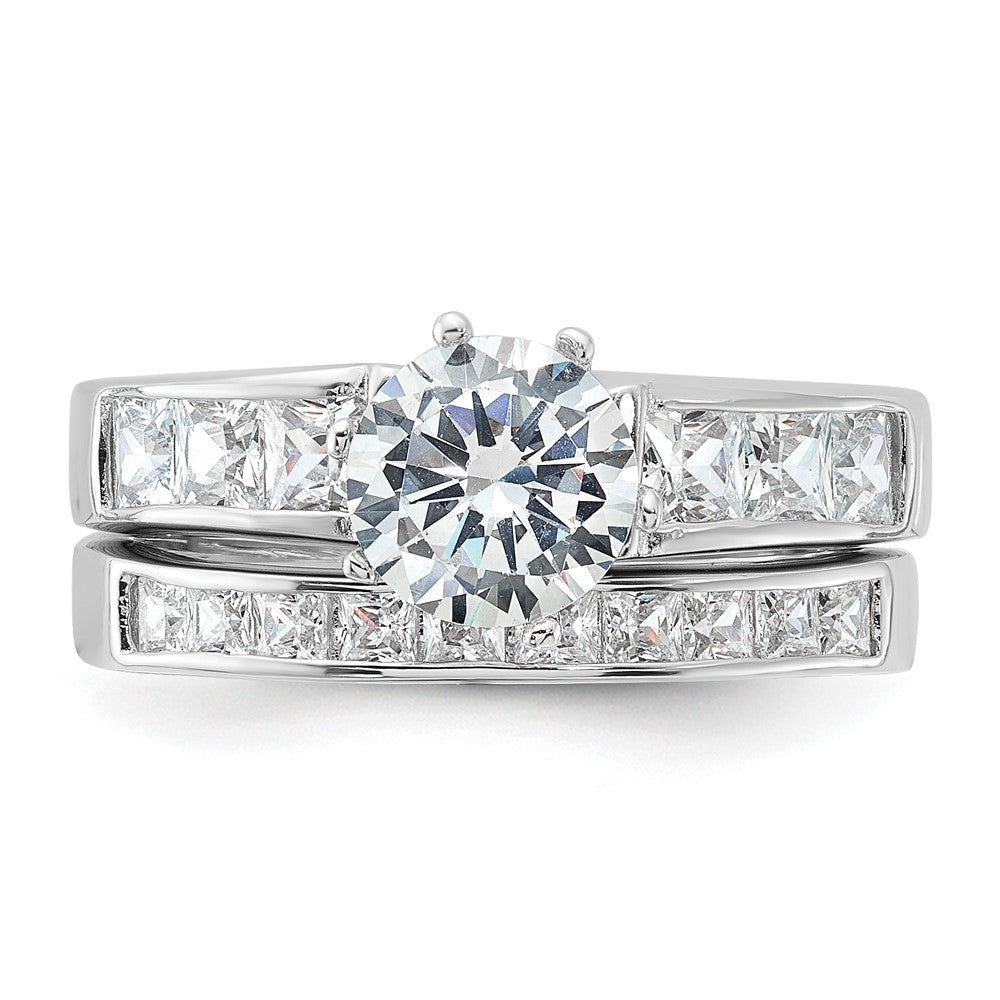 Sterling Silver Rhodium Plated Cz 2 Piece Wedding Ring Set